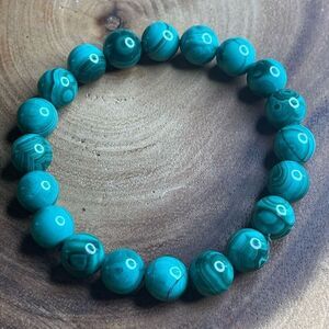 Malachite green circles orbs stretch beaded bracelet 7” crystal healing beads 8m